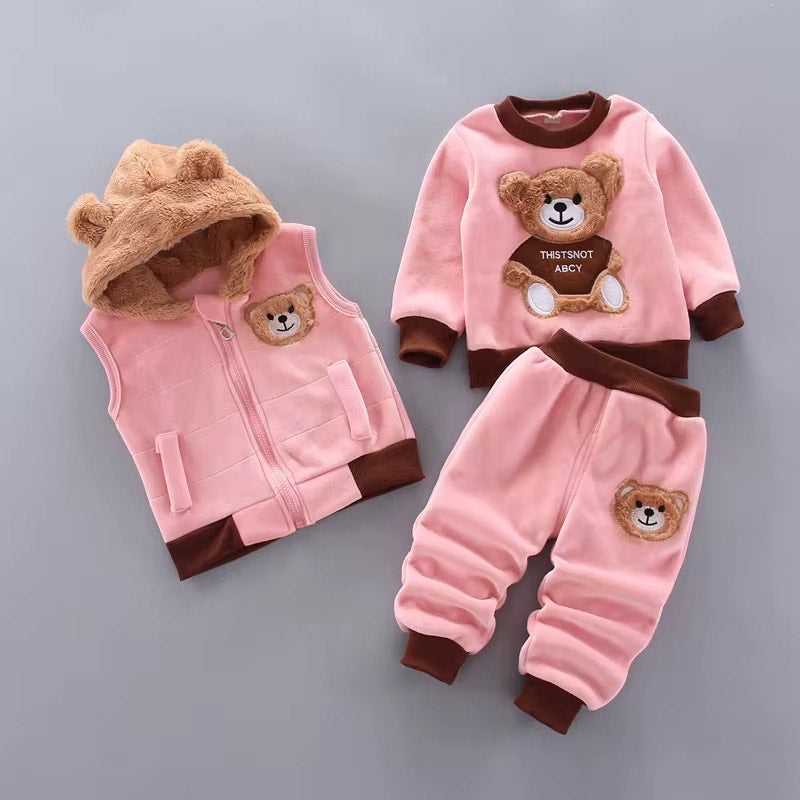 3 PCS Warm Toddler Set for Girls- Vest-Pullover-Pants- with Bear Theme- Pink