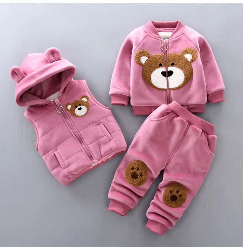 3PCS Warm Winter Set for Toddler Girl-Vest-Pullover-Pants- with cute bear theme-Pink