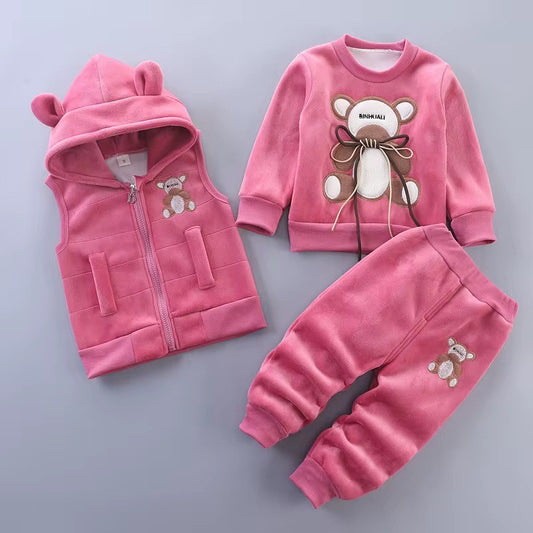 3 PCS warm Winter toddler set for Girls - Vest-pullover-pants-with cute Bear Theme-Pink