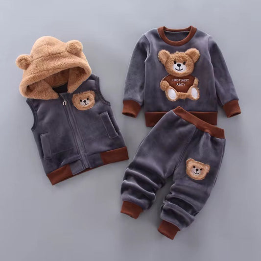 3 Pcs Toddler warm winter set, Vest- Pull over- pants- with bear theme- Gray