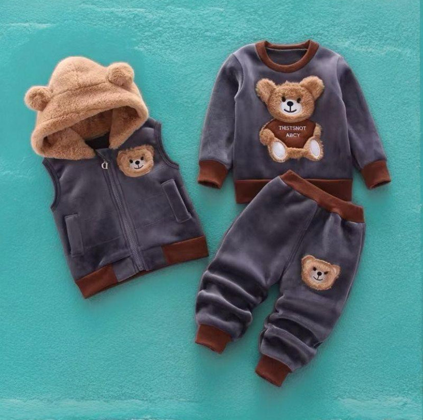 3 Pcs Toddler warm winter set, Vest- Pull over- pants- with bear theme- Gray